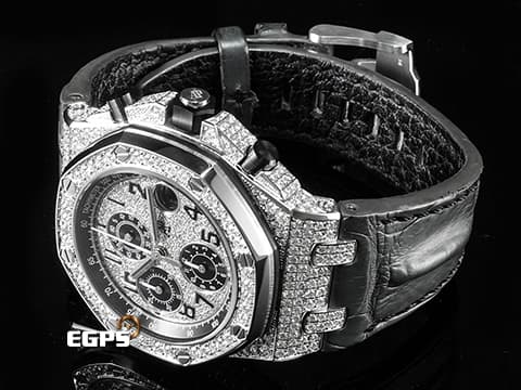 Audemars Piguet 愛彼 AP錶 Royal Oak Offshore 26470ST 皇家橡樹離岸型 灰熊 原廠絕版灰色鱷魚背棘錶帶  ROO 計時碼錶 精鑲鑽石錶圈、漫天星面盤、錶耳 自動上鏈 42mm