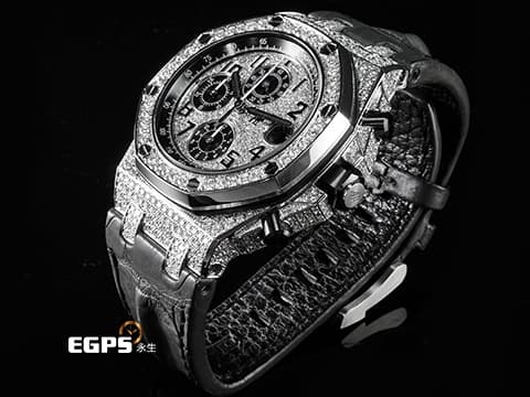 Audemars Piguet 愛彼 AP錶 Royal Oak Offshore 26470ST 皇家橡樹離岸型 灰熊 原廠絕版灰色鱷魚背棘錶帶  ROO 計時碼錶 精鑲鑽石錶圈、漫天星面盤、錶耳 自動上鏈 42mm