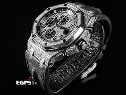 Audemars Piguet 愛彼 AP錶 Royal Oak Offshore 26470ST 皇家橡樹離岸型 <font color=#ffffff>灰熊 原廠絕版灰色鱷魚背棘錶帶 </font> ROO 計時碼錶 <font color=#FF0000>精鑲鑽石錶圈、漫天星面盤、錶耳</font> 自動上鏈 42mm