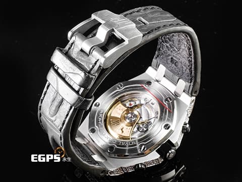 Audemars Piguet 愛彼 AP錶 Royal Oak Offshore 26470ST 皇家橡樹離岸型 灰熊 原廠絕版灰色鱷魚背棘錶帶  ROO 計時碼錶 精鑲鑽石錶圈、漫天星面盤、錶耳 自動上鏈 42mm