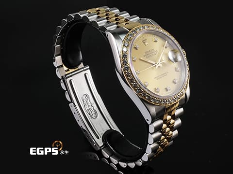 ROLEX 勞力士 DATEJUST 16233 經典蠔式日誌型 自動上鍊 黃K金半金款 原鑲十鑽面盤 精鑲鑽圈 自動上鍊 36mm