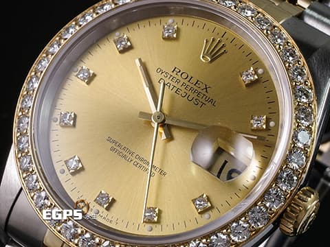 ROLEX 勞力士 DATEJUST 16233 經典蠔式日誌型 自動上鍊 黃K金半金款 原鑲十鑽面盤 精鑲鑽圈 自動上鍊 36mm