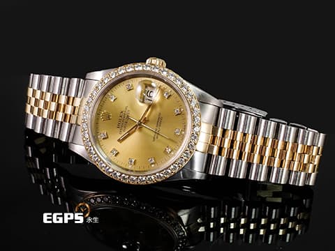 ROLEX 勞力士 DATEJUST 16233 經典蠔式日誌型 自動上鍊 黃K金半金款 原鑲十鑽面盤 精鑲鑽圈 自動上鍊 36mm