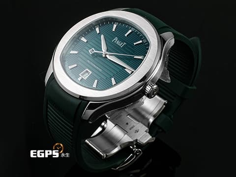 PIAGET 伯爵 Polo Date系列 G0A48022 經典 枕型 綠色橫條紋雕紋面盤 大三針 不鏽鋼材質&nbsp;2026年保卡&nbsp;自動上鍊 42mm