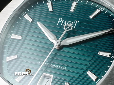 PIAGET 伯爵 Polo Date系列 G0A48022 經典 枕型 綠色橫條紋雕紋面盤 大三針 不鏽鋼材質&nbsp;2026年保卡&nbsp;自動上鍊 42mm