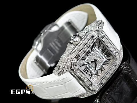 CARTIER 卡地亞 Santos 100 山度士 中型款 精鑲鑽石 錶殼、錶腹、錶冠，精鑲嵌滿滿高等級天然美鑽 、滿天星鑽石面盤 自動上鍊 36mm