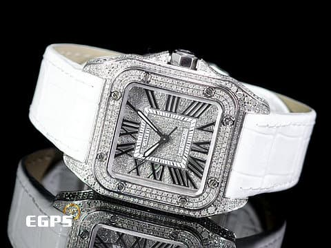 CARTIER 卡地亞 Santos 100 山度士 中型款 精鑲鑽石 錶殼、錶腹、錶冠，精鑲嵌滿滿高等級天然美鑽 、滿天星鑽石面盤 自動上鍊 36mm