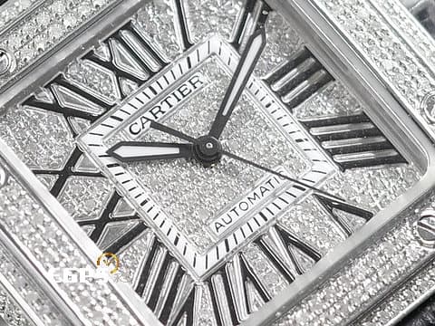 CARTIER 卡地亞 Santos 100 山度士 中型款 精鑲鑽石 錶殼、錶腹、錶冠，精鑲嵌滿滿高等級天然美鑽 、滿天星鑽石面盤 自動上鍊 36mm