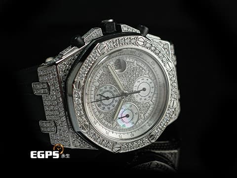 Audemars Piuget 愛彼 AP錶 Royal Oak Offshore 皇家橡樹離岸型 不鏽鋼材質  精鑲鑽石滿天星面盤、錶圈、錶殼 三眼計時貝母面盤 自動上鍊 計時碼表 42mm