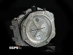 Audemars Piuget 愛彼 AP錶 Royal Oak Offshore 皇家橡樹離岸型 不鏽鋼材質 <font color=#70cce1> 精鑲鑽石滿天星面盤、錶圈、錶殼</font> <font color=#f9d0de>三眼計時貝母面盤</font> 自動上鍊 計時碼表 42mm