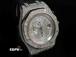 Audemars Piuget 愛彼 AP錶 Royal Oak Offshore 皇家橡樹離岸型 不鏽鋼材質 <font color=#70cce1> 精鑲鑽石滿天星面盤、錶圈、錶殼</font> <font color=#f9d0de>三眼計時貝母面盤</font> 自動上鍊 計時碼表 42mm