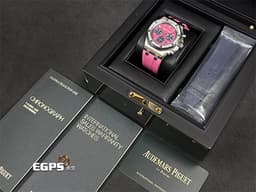 Audemars Piguet AP 愛彼錶 Royal Oak 皇家橡樹 計時碼錶 26231ST  Funky Coulours Deep Pink <font color=#ef9dce> 原鑲鑽圈 粉色錶面鐫刻「Lady Tapisserie」仕女格紋裝飾圖案 </font> <font color=#FF0000> 2018年新式保卡</font> 自動上鍊 37mm