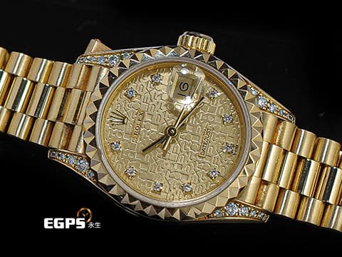 ROLEX 勞力士錶 Datejust 69188 原鑲十鑽面盤 原鑲鑽腳 18K黃金材質 蠔式女錶 自動上鍊 26mm