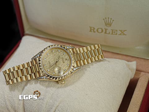 ROLEX 勞力士錶 Datejust 69188 原鑲十鑽面盤 原鑲鑽腳 18K黃金材質 蠔式女錶 自動上鍊 26mm