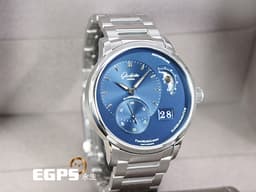 Glashutte Original 格拉蘇蒂 Pano Matic Lunar 偏心系列 1-90-02-46-32-71 <font color="#0080FF">藍色面盤</font> 月相盈虧 大日期窗 小秒針 不鏽鋼 <font color="#ff0000">德國腕��工藝 招牌雙鵝頸、3/4夾板、偏心面盤 2024年台灣公司貨</font> 自動上鍊 40mm