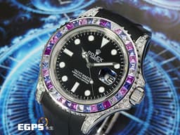 ROLEX 勞力士 Yacht-Master 116622 蠔式 遊艇名仕型 不鏽鋼材質 <font color=#e598e6> 精鑲126679SABR 獨特寶石框、鑽石錶耳、客製化黑色面盤</font> <font color=#ff0000>搭配客製化黑色橡膠錶帶 可換回不銹鋼鍊帶</font> 自動上鍊 40mm