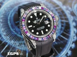 ROLEX 勞力士 Yacht-Master 116622 蠔式 遊艇名仕型 不鏽鋼材質 <font color=#e598e6> 精鑲126679SABR 獨特寶石框、鑽石錶耳、客製化黑色面盤</font> <font color=#ff0000>搭配客製化黑色橡膠錶帶 可換回不銹鋼鍊帶</font> 自動上鍊 40mm