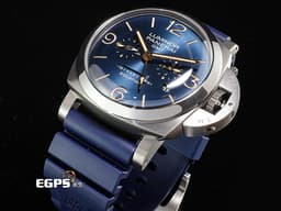 PANERAI 沛納海 Luminor 1950 PAM670 PAM00670 GMT 8日鏈 鈦金屬材質 <font color=#ffff00>時間時差顯示功能 月份、日期顯示 第二時區日夜顯示</font> <font color=#46bed7>藍色放射紋面盤</font> <font color=#FF0000> Equation of Time 時間等式 2024年保卡 </font> 動力儲存顯示 手動上鏈 47mm