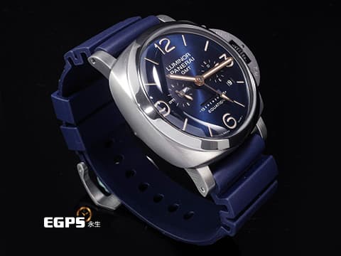 PANERAI 沛納海 Luminor 1950 PAM670 PAM00670 GMT 8日鏈 鈦金屬材質 時間時差顯示功能 月份、日期顯示 第二時區日夜顯示 藍色放射紋面盤  Equation of Time 時間等式 2024年保卡  動力儲存顯示 手動上鏈 47mm