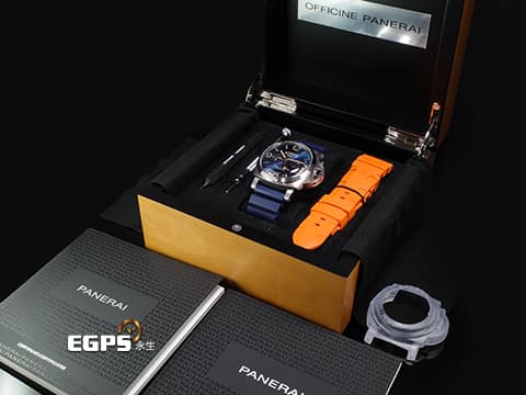 PANERAI 沛納海 Luminor 1950 PAM670 PAM00670 GMT 8日鏈 鈦金屬材質 時間時差顯示功能 月份、日期顯示 第二時區日夜顯示 藍色放射紋面盤  Equation of Time 時間等式 2017年保單 台灣公司貨 配件齊全 動力儲存顯示 手動上鏈 47mm