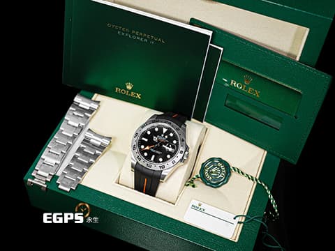 ROLEX 勞力士 Explorer II 蠔式 探險家二號 216570 黑色面盤 探二 橘色兩地時間指針 GMT 不鏽鋼 搭配Rubber B橡膠錶帶，2021年新式綠卡 自動上鍊 42mm