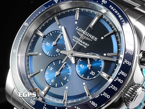 LONGINES 浪琴 Conquest Chronograph 康卡斯 征服者 L38354926 不鏽鋼材質 藍色面盤搭配藍色陶瓷錶圈 2024年保單 自動上鍊 42mm