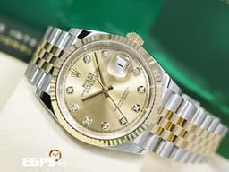 ROLEX 勞力士 蠔式 Datejust 36 蠔式日誌型 126233 <font color="#f5dea8">原廠鑽石時標香檳色面盤 18K黃金 半金款</font> DJ36 經典三角坑紋錶圈 <font color="#FF0000">2025年保卡 紀念型（Jubilee）五株錶帶</font> 自動上鍊 36mm