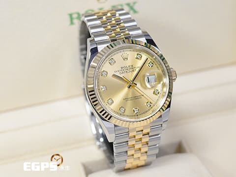 ROLEX 勞力士 蠔式 Datejust 36 蠔式日誌型 126233 原廠鑽石時標香檳色面盤 18K黃金 半金款 DJ36 經典三角坑紋錶圈 2025年保卡 紀念型（Jubilee）五株錶帶 自動上鍊 36mm