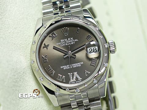 ROLEX 勞力士 Datejust 31 蠔式日誌型 178344 深灰色面盤 不鏽鋼 原廠雪花式鑲嵌鑽石錶圈、VI鑲鑽時標 經典 DJ31 台灣公司貨 紀念型（Jubilee）五銖錶帶 自動上鍊 31mm