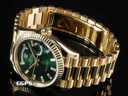 ROLEX 勞力士 Day-Date 36 蠔式 星期日曆型 128238A <font color="#32CD32">亮綠色面盤 原廠梯鑽時標 冰糖面 綠冰糖</font> 18K黃金材質 <font color="#FF0000">2026年保卡 元首型（President）錶帶 總統帶 僅拆錶節試戴</font>&nbsp;DD36  128238 A 自動上鍊 36mm