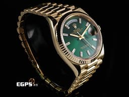 ROLEX 勞力士 Day-Date 36 蠔式 星期日曆型 128238A <font color="#32CD32">亮綠色面盤 原廠梯鑽時標 冰糖面 綠冰糖</font> 18K黃金材質 <font color="#FF0000">2026年保卡 元首型（President）錶帶 總統帶 僅拆錶節試戴</font>&nbsp;DD36  128238 A 自動上鍊 36mm