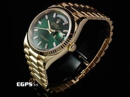 ROLEX 勞力士 Day-Date 36 蠔式 星期日曆型 128238A <font color="#32CD32">亮綠色面盤 原廠梯鑽時標 冰糖面 綠冰糖</font> 18K黃金材質 <font color="#FF0000">2026年保卡 元首型（President）錶帶 總統帶 僅拆錶節試戴</font>&nbsp;DD36  128238 A 自動上鍊 36mm