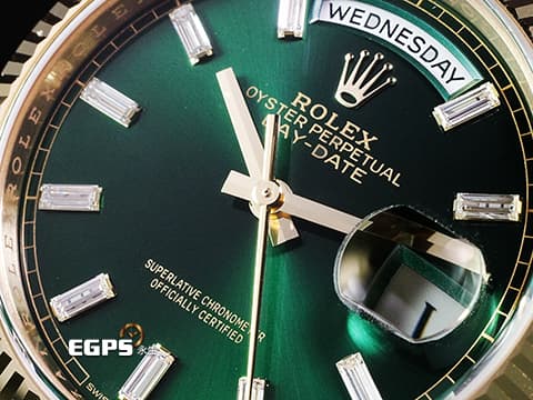 ROLEX 勞力士 Day-Date 36 蠔式 星期日曆型 128238A 亮綠色面盤 原廠梯鑽時標 冰糖面 綠冰糖 18K黃金材質 2026年保卡 元首型（President）錶帶 總統帶 僅拆錶節試戴&nbsp;DD36  128238 A 自動上鍊 36mm
