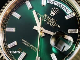 ROLEX 勞力士 Day-Date 36 蠔式 星期日曆型 128238A <font color="#32CD32">亮綠色面盤 原廠梯鑽時標 冰糖面 綠冰糖</font> 18K黃金材質 <font color="#FF0000">2026年保卡 元首型（President）錶帶 總統帶 僅拆錶節試戴</font>&nbsp;DD36  128238 A 自動上鍊 36mm