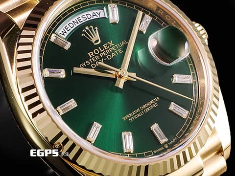 ROLEX 勞力士 Day-Date 36 蠔式 星期日曆型 128238A 亮綠色面盤 原廠梯鑽時標 冰糖面 綠冰糖 18K黃金材質 2026年保卡 元首型（President）錶帶 總統帶 僅拆錶節試戴&nbsp;DD36  128238 A 自動上鍊 36mm