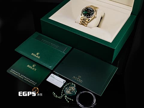 ROLEX 勞力士 Day-Date 36 蠔式 星期日曆型 128238A 亮綠色面盤 原廠梯鑽時標 冰糖面 綠冰糖 18K黃金材質 2026年保卡 元首型（President）錶帶 總統帶 僅拆錶節試戴&nbsp;DD36  128238 A 自動上鍊 36mm