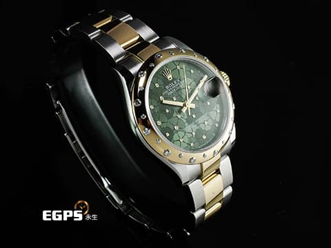 ROLEX 勞力士 DateJust 31 蠔式日誌型 278343RBR 原廠鑽圈、鑲鑽橄欖綠色花朵面盤 繡球花 278343 RBR 半金款 18K黃金 2024年新式保卡 蠔式（Oyster）三節板帶 自動上鍊 31mm