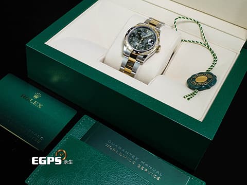 ROLEX 勞力士 DateJust 31 蠔式日誌型 278343RBR 原廠鑽圈、鑲鑽橄欖綠色花朵面盤 繡球花 278343 RBR 半金款 18K黃金 2024年新式保卡 蠔式（Oyster）三節板帶 自動上鍊 31mm