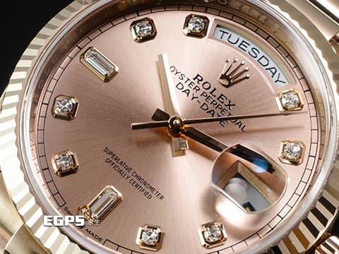 ROLEX 勞力士 Day-Date 36 蠔式 星期日曆型 128235&nbsp;玫瑰金色面盤 原廠鑽石時標 永恆玫瑰金 DD36 經典三角坑紋錶圈 2020年保卡 元首型（President）錶帶 總統帶 自動上鍊 36mm
