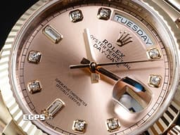 ROLEX 勞力士 Day-Date 36 蠔式 星期日曆型 128235&nbsp;<font color="#f3baa1">玫瑰金色面盤 原廠鑽石時標 永恆玫瑰金</font> DD36 經典三角坑紋錶圈 <font color="#FF0000">2020年保卡 元首型（President）錶帶 總統帶</font> 自動上鍊 36mm