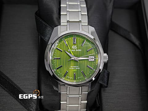 GRAND SEIKO 特級精工 GS 精工 Heritage Collection系列 SBGJ259 高振頻 Hi-beat GMT 兩地時區 Bamboo Garden Path「竹林道」錶盤以竹林小徑為靈感，綠色直條紋錶盤與淺綠色GMT指針，彷彿聽見竹幹互相碰撞發出聲音及竹葉沙沙聲交織著 不鏽鋼 2022年保單 美國限定版 自動上鍊 40mm