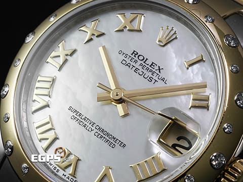 ROLEX 勞力士 Datejust 178343 18K黃金&amp;不鏽鋼材質 半金款 白色珍珠貝殼面 原廠雪花鑲嵌鑽石錶圈 自動上鏈 31mm