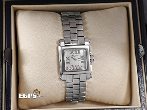 CHOPARD 蕭邦 Happy Sport Square 快樂鑽 方形 278516-3006 珍珠母貝面盤 原廠5顆跑鑽  不鏽鋼 2024年保單 石英腕錶 22mm