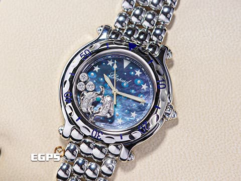 CHOPARD 蕭邦 Happy Sport Zodiac 快樂鑽 星座 278440-3006 藍色面盤 原廠雙魚座造型跑鑽 不鏽鋼 2024年保單 石英腕錶 33mm