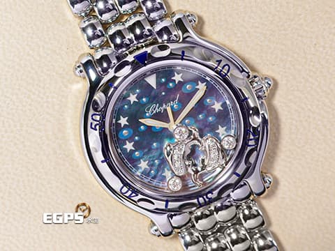 CHOPARD 蕭邦 Happy Sport Zodiac 快樂鑽 星座 278440-3006 藍色面盤 原廠雙魚座造型跑鑽 不鏽鋼 2024年保單 石英腕錶 33mm