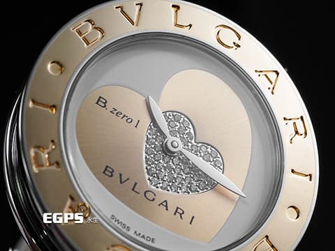 BVLGARI 寶格麗 B.Zero1 不鏽鋼&amp;18K玫瑰金材質 鐫刻BVLGARI字樣玫瑰金錶圈 鑲嵌鑽石雙心圖案面盤 石英機芯 30mm