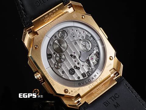 BVLGARI 寶格麗 Octo Finissimo Chrono GMT 系列 103468 18K玫瑰金材質 兩地時區 計時腕錶 18K玫瑰金錶冠鑲飾黑色陶瓷 太陽紋棕色漆面錶盤飾 八角形多稜角設計錶框 超薄 2023年保卡  自動上鍊 43mm