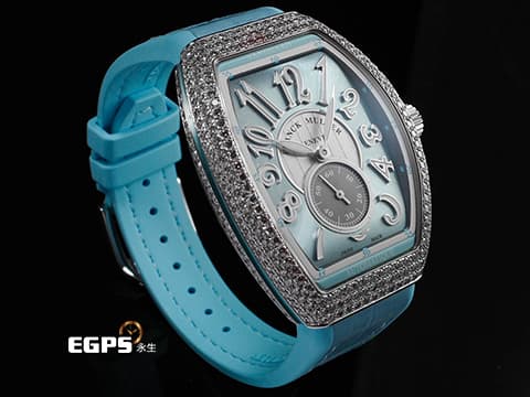 Franck Muller 法蘭穆勒 FM Vanguard Lady Slim Vintage V35 S 水藍色面盤 原廠鑲嵌308顆頂級天然美鑽（約4.44克拉）小秒針 不鏽鋼 2026年保單 新錶訂價：789,000元&nbsp;自動上鍊 35x46.3mm