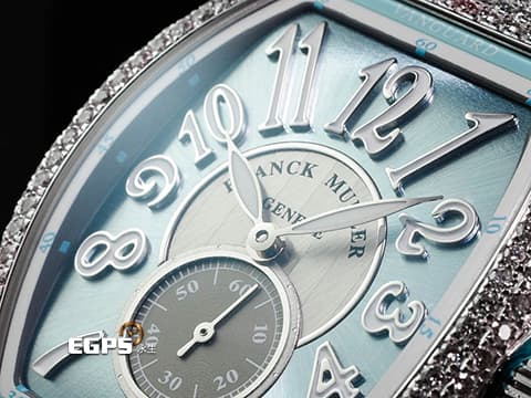 Franck Muller 法蘭穆勒 FM Vanguard Lady Slim Vintage V35 S 水藍色面盤 原廠鑲嵌308顆頂級天然美鑽（約4.44克拉）小秒針 不鏽鋼 2026年保單 新錶訂價：789,000元&nbsp;自動上鍊 35x46.3mm