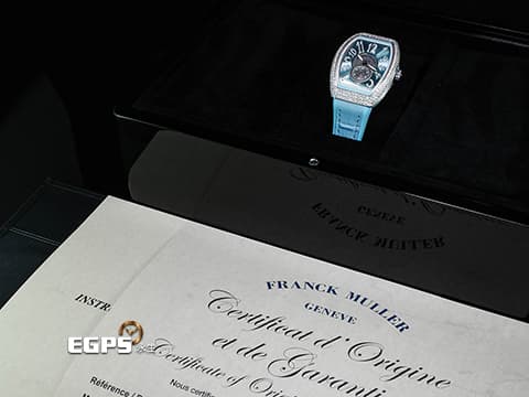 Franck Muller 法蘭穆勒 FM Vanguard Lady Slim Vintage V35 S 水藍色面盤 原廠鑲嵌308顆頂級天然美鑽（約4.44克拉）小秒針 不鏽鋼 2026年保單 新錶訂價：789,000元&nbsp;自動上鍊 35x46.3mm
